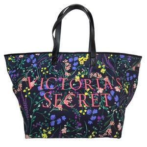 Victoria's Secret Black Tote with Colorful Floral Design Travel Weekender Bag